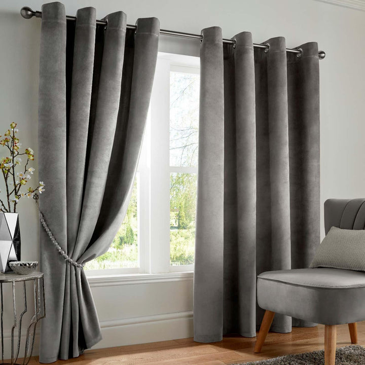Velvet Thermal Blackout Eyelet Curtains Silver - 46'' x 54'' - Ideal Textiles