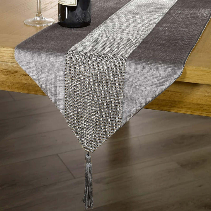 Eclat Diamante Sparkle Tasselled Velvet Silver Table Runners - 13'' x 72'' - Ideal Textiles