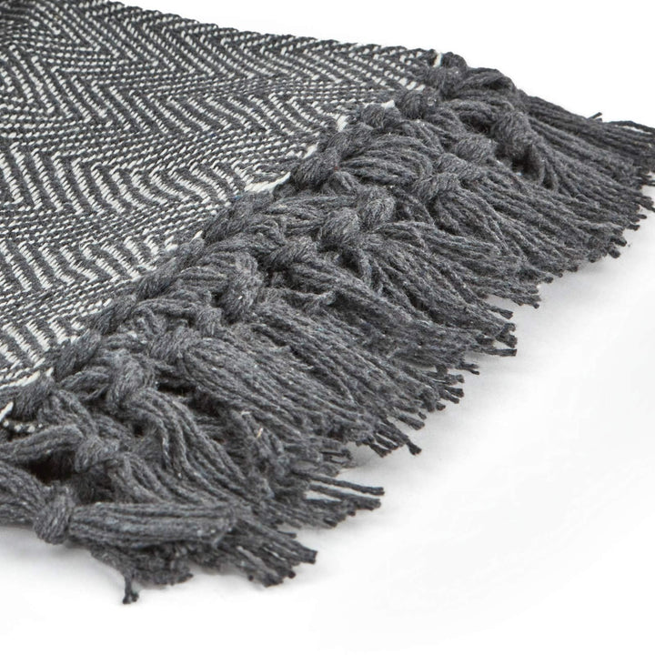 Herringbone Tasselled 100% Recycled Cotton Silver Throws -  - Ideal Textiles