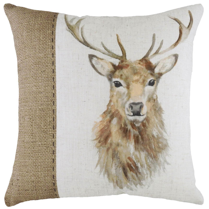 Hessian Stag Countryside Watercolour Print Cushion Covers 17'' x 17'' -  - Ideal Textiles
