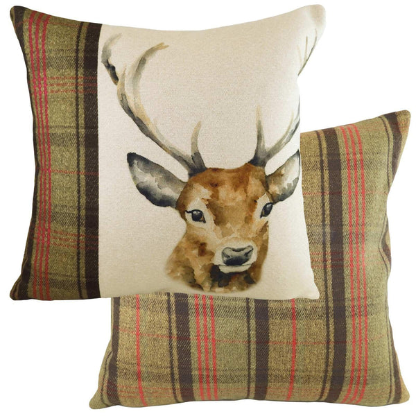 Hunter Stag Tartan Check Natural Filled Cushions 17'' x 17'' - Polyester Pad - Ideal Textiles