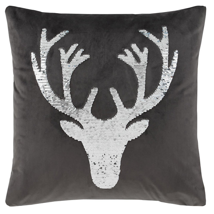 Sequin Stag Velvet Filled Cushion Grey -  - Ideal Textiles