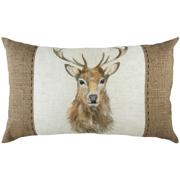 Hessian Stag Countryside Watercolour Print Filled Cushions 12'' x 20'' - Polyester Pad - Ideal Textiles