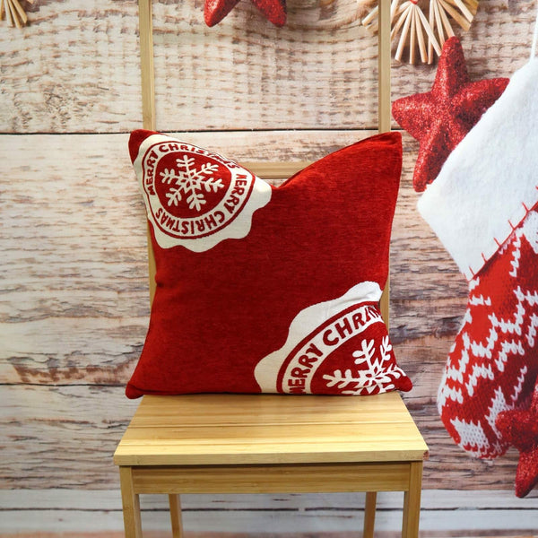 Christmas Stamp Chenille Red Cushion Covers 18" x 18" -  - Ideal Textiles