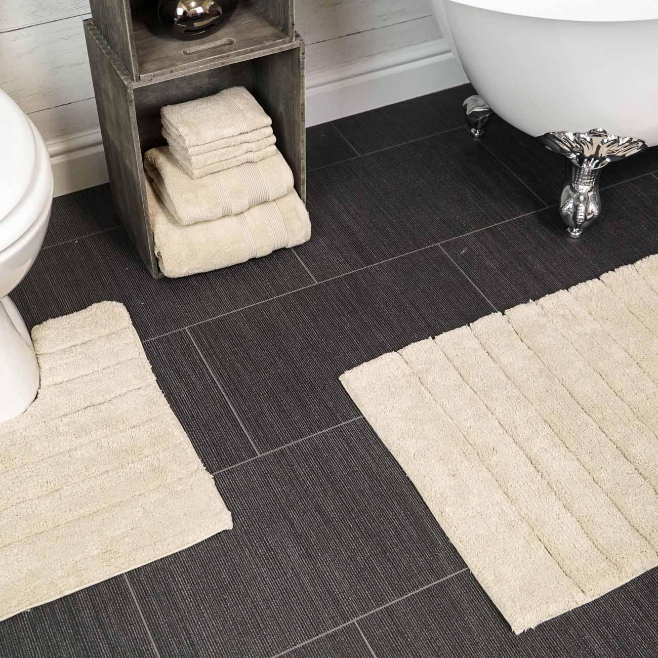 Linear Rib Cotton Bath & Pedestal Mat Set Stone Ideal