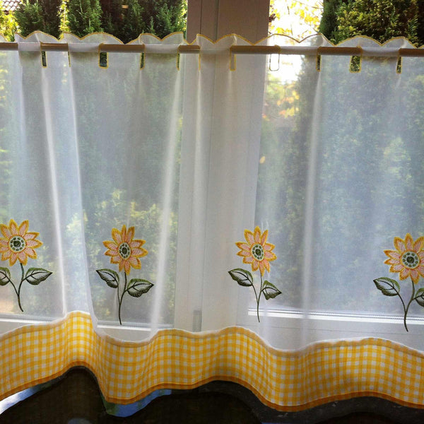 Sunflower Embroidered Yellow Voile Café Curtain Panels - 59'' x 18'' - Ideal Textiles