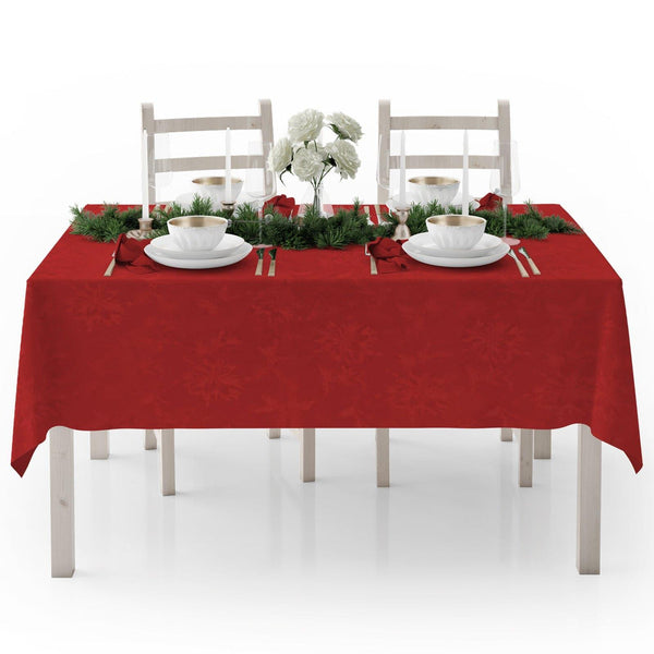Poinsettia Jacquard Damask Christmas Red Tablecloths - 90cm Round - Ideal Textiles