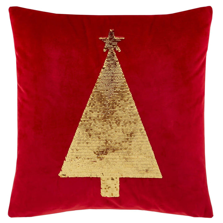 Sequin Tree Velvet Filled Cushion Red -  - Ideal Textiles