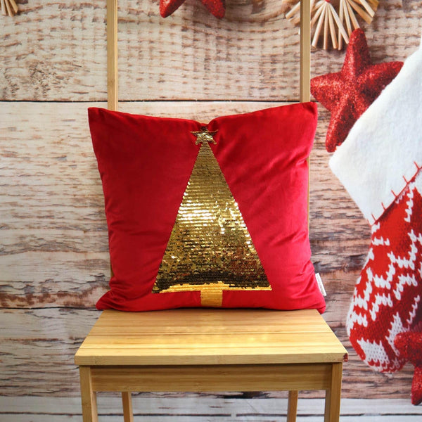 Sequin Tree Velvet Filled Cushion Red -  - Ideal Textiles