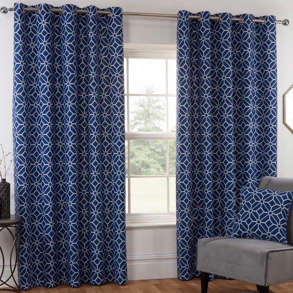 Kelso Geometric Lined Eyelet Curtains Navy - 46'' x 54'' - Ideal Textiles
