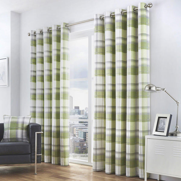 Balmoral Check Lined Eyelet Curtains Green - 46'' x 54'' - Ideal Textiles