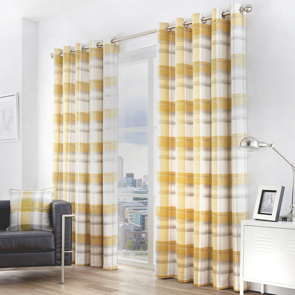 Balmoral Check Lined Eyelet Curtains Ochre - 46'' x 54'' - Ideal Textiles