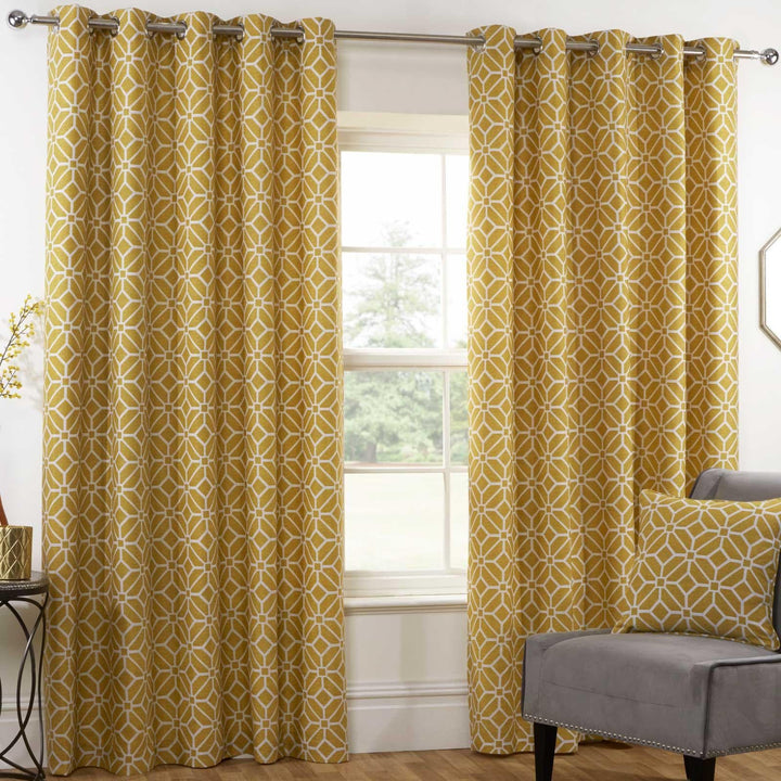 Kelso Geometric Lined Eyelet Curtains Ochre - 46'' x 54'' - Ideal Textiles