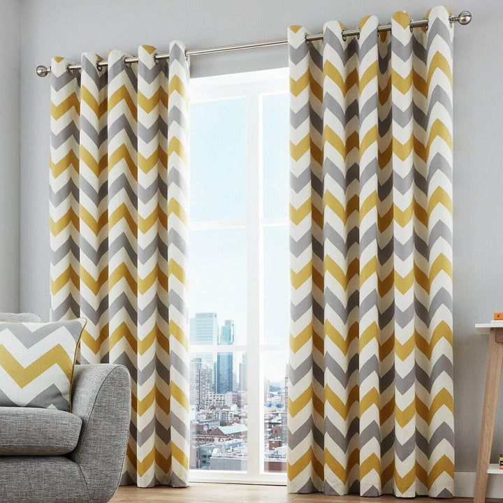 Chevron Stripe Lined Eyelet Curtains Ochre - 46'' x 54'' - Ideal Textiles