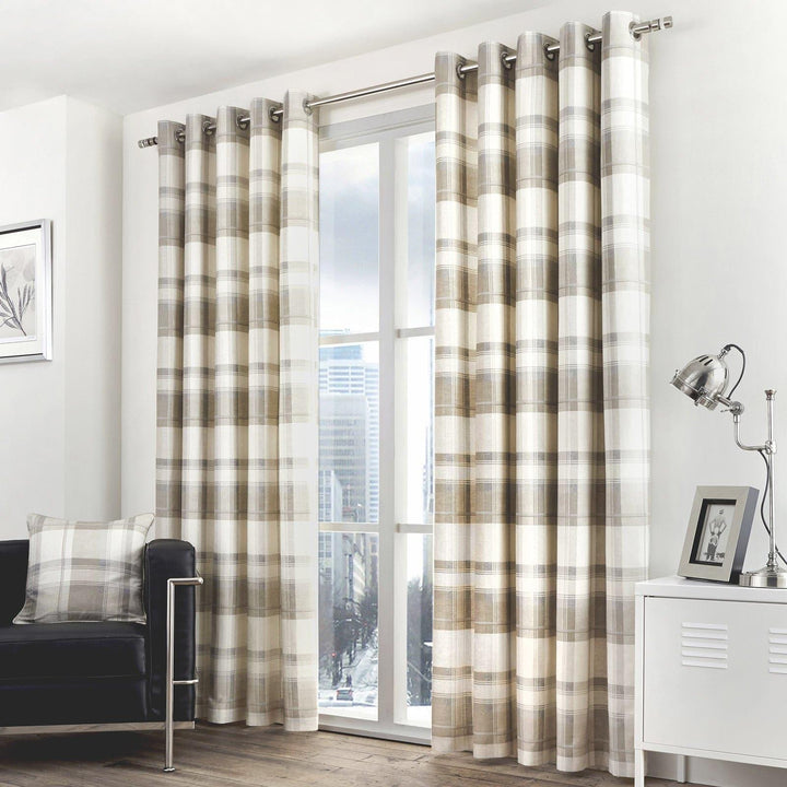 Balmoral Check Lined Eyelet Curtains Natural - 46'' x 54'' - Ideal Textiles