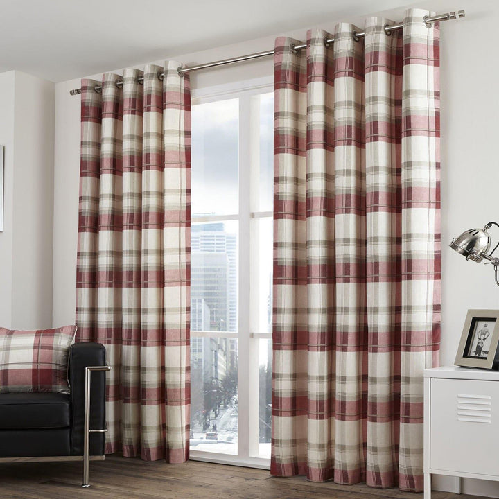 Balmoral Check Lined Eyelet Curtains Ruby - 46'' x 54'' - Ideal Textiles