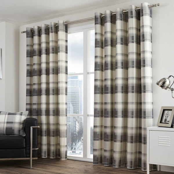 Balmoral Check Lined Eyelet Curtains Slate - 46'' x 54'' - Ideal Textiles