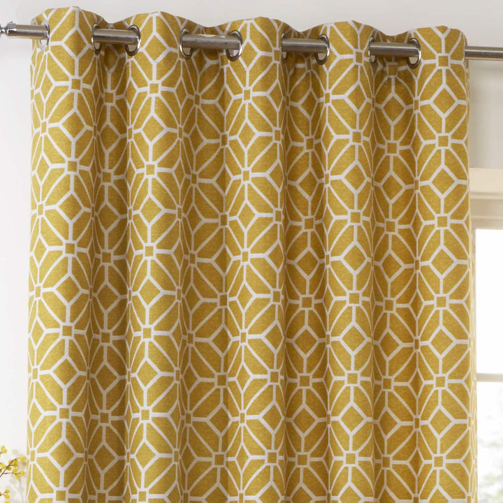 Kelso Geometric Lined Eyelet Curtains Ochre – Ideal