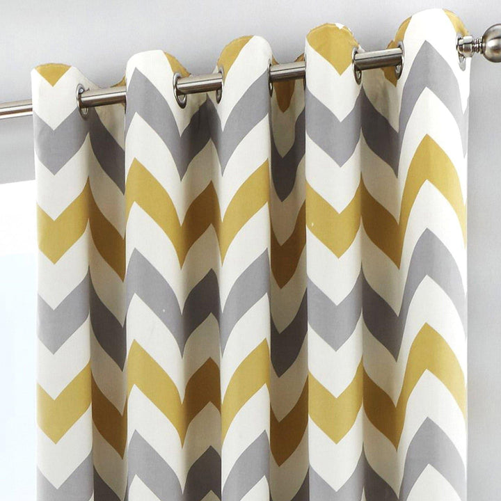 Chevron Stripe Lined Eyelet Curtains Ochre -  - Ideal Textiles