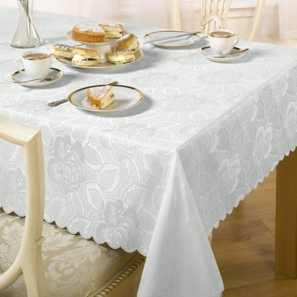 Damask Rose Floral Jacquard White Tablecloths & Napkins - 50'' x 70'' - Ideal Textiles