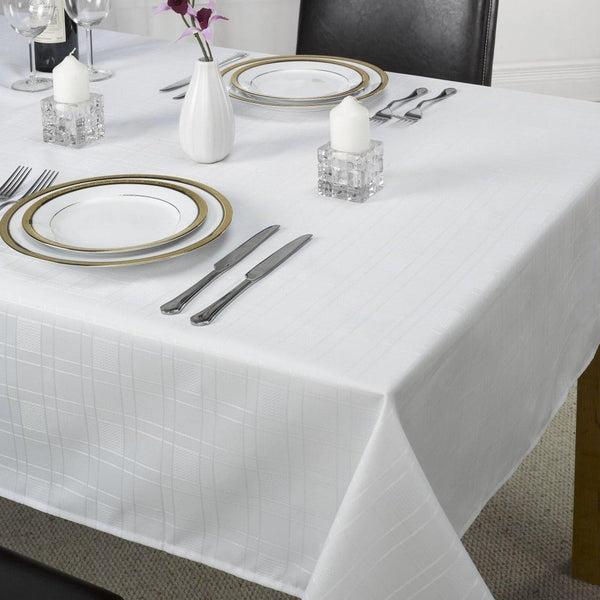 Chequers Jacquard Check White Tablecloths & Napkins - 50'' x 70'' - Ideal Textiles