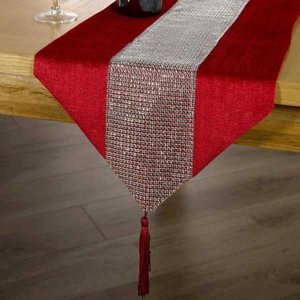 Eclat Diamante Sparkle Tasselled Velvet Wine Red Table Runners - 13'' x 72'' - Ideal Textiles