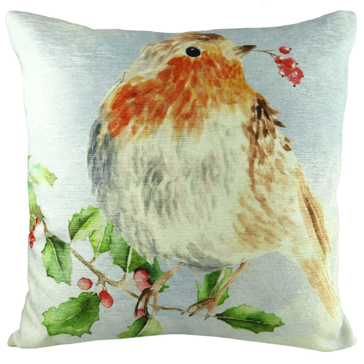 Christmas Robin Velvet Chenille Multicolour Cushion Covers 17'' x 17'' -  - Ideal Textiles