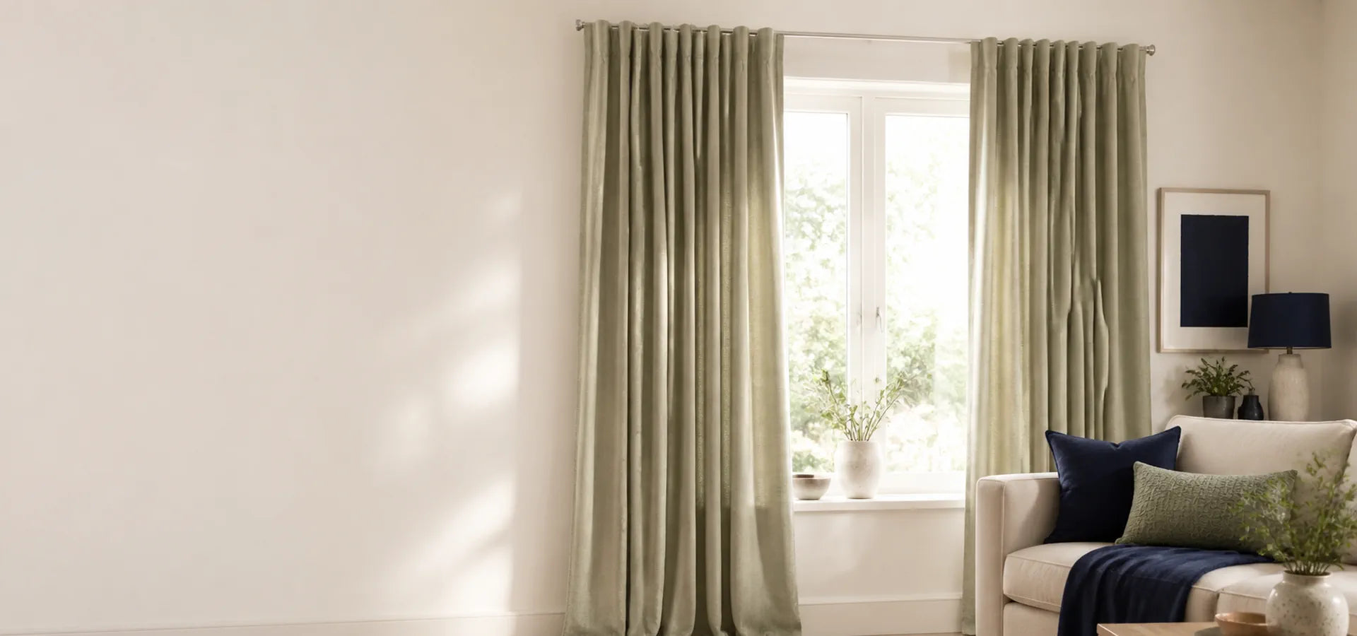 Sage ready-made curtains framing a bright window in a comfortable living room