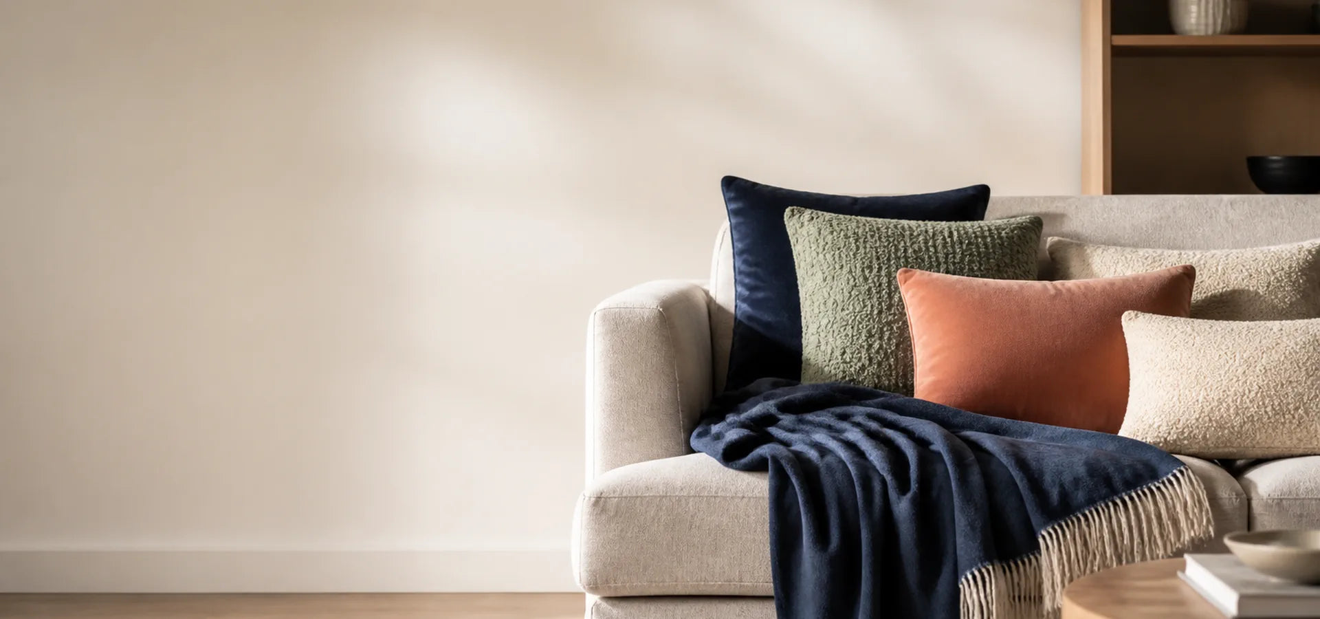 A cream sofa layered with navy, sage, coral and textured cushions and a navy throw