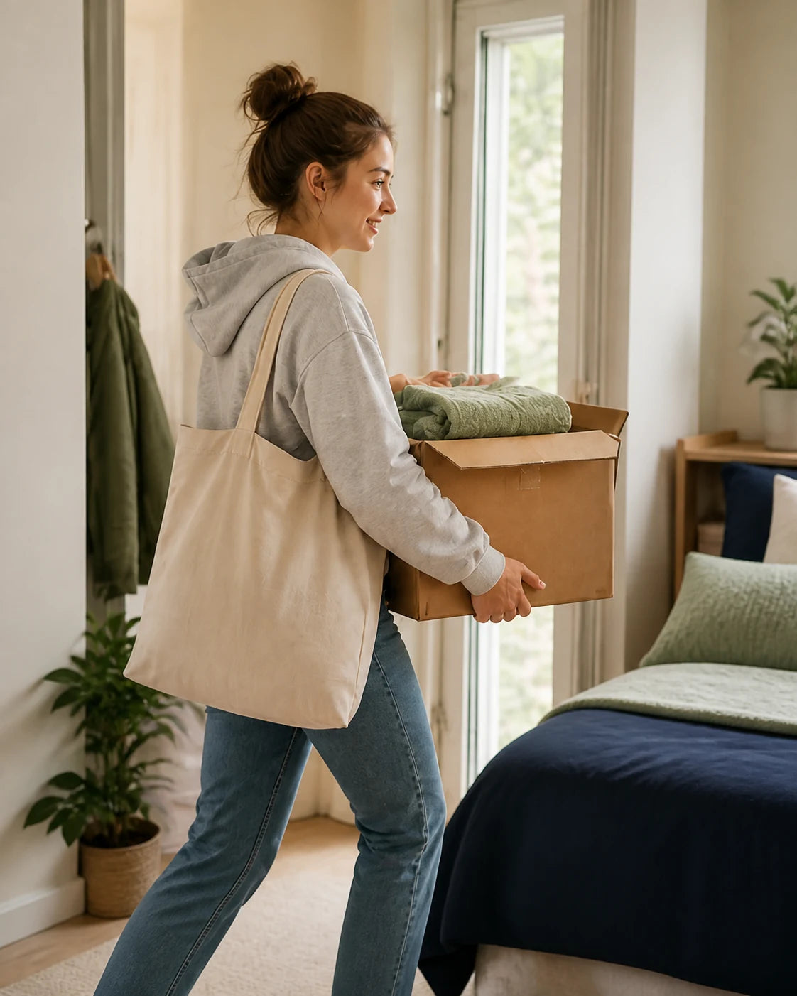 A student carrying a moving box into a bedroom