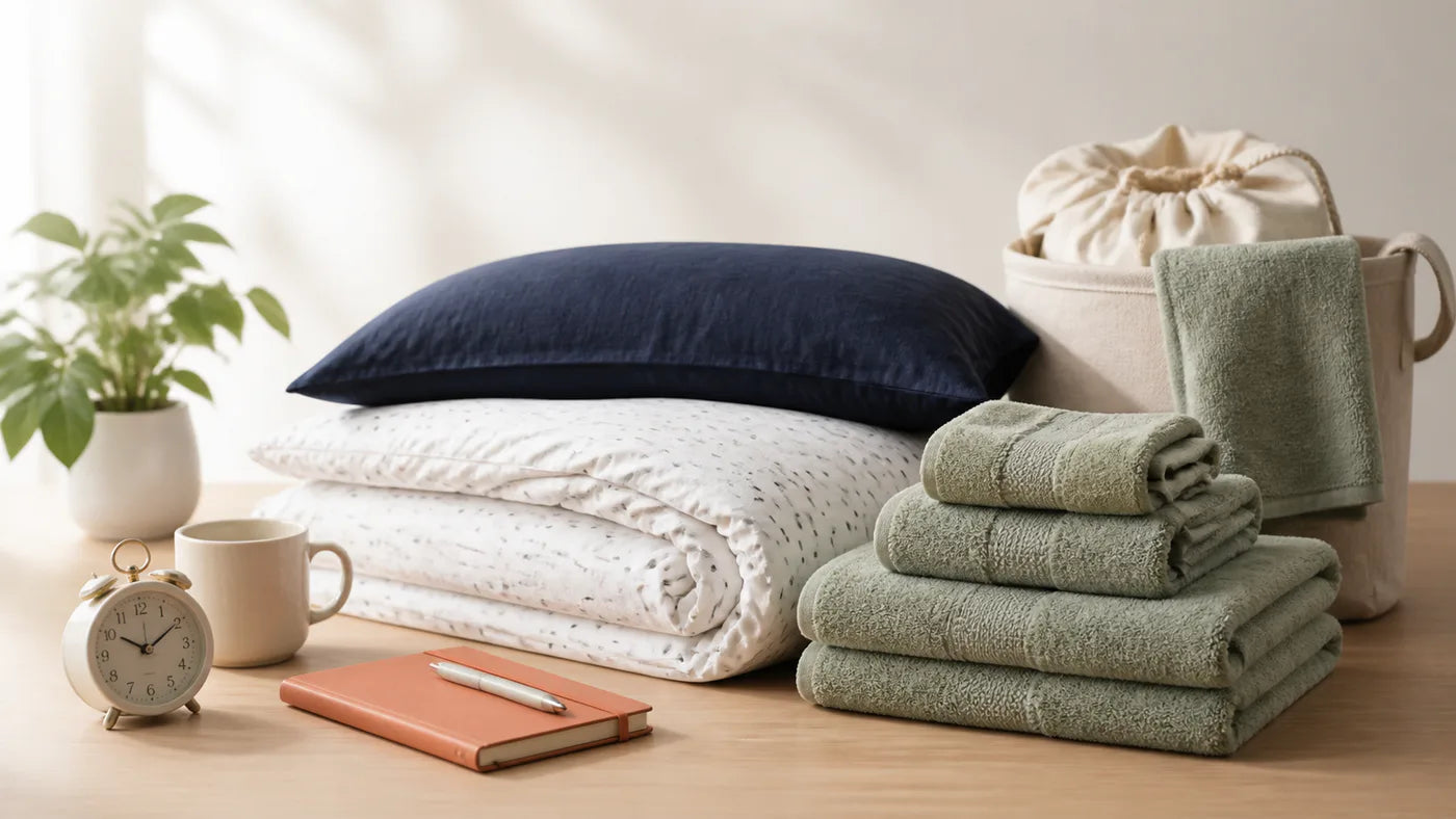 Folded bedding and towels ready to pack