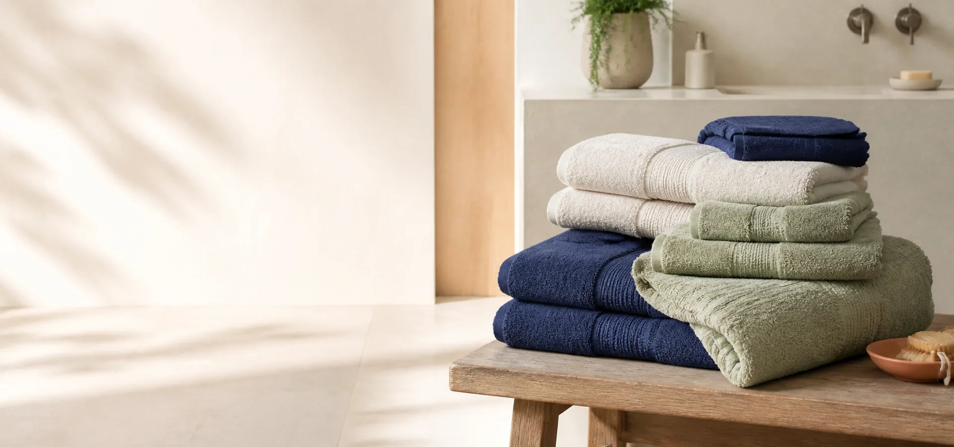 Neatly stacked sage, cream and navy bathroom towels in soft morning light