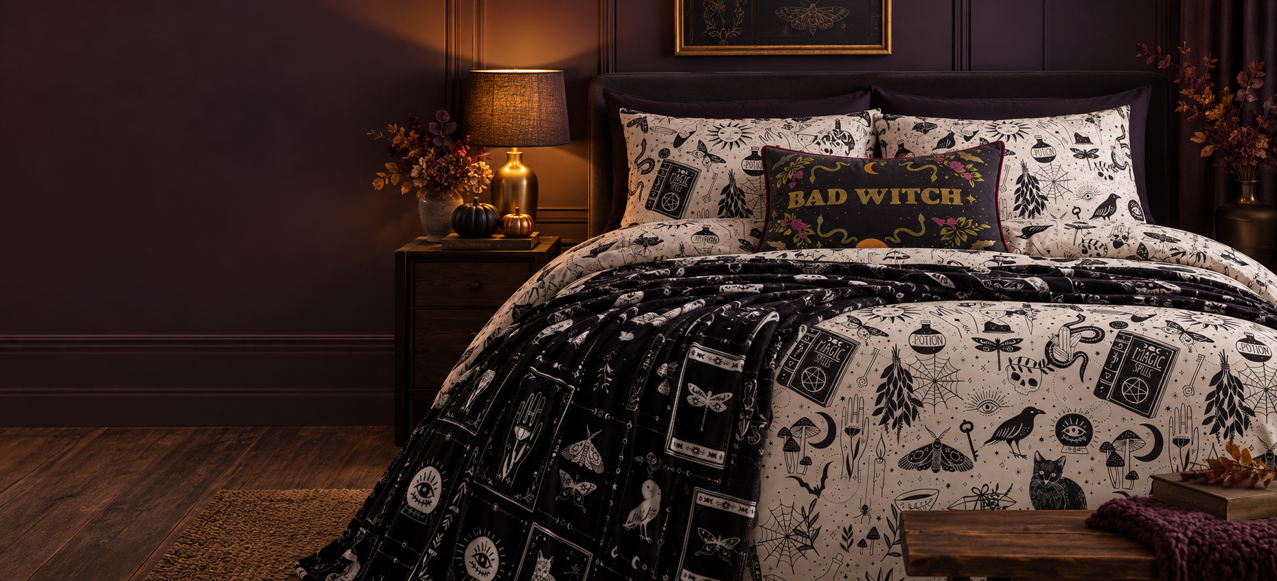 Enchanted Witchcraft bedding and throw with a Bad Witch cushion in a warmly lit bedroom