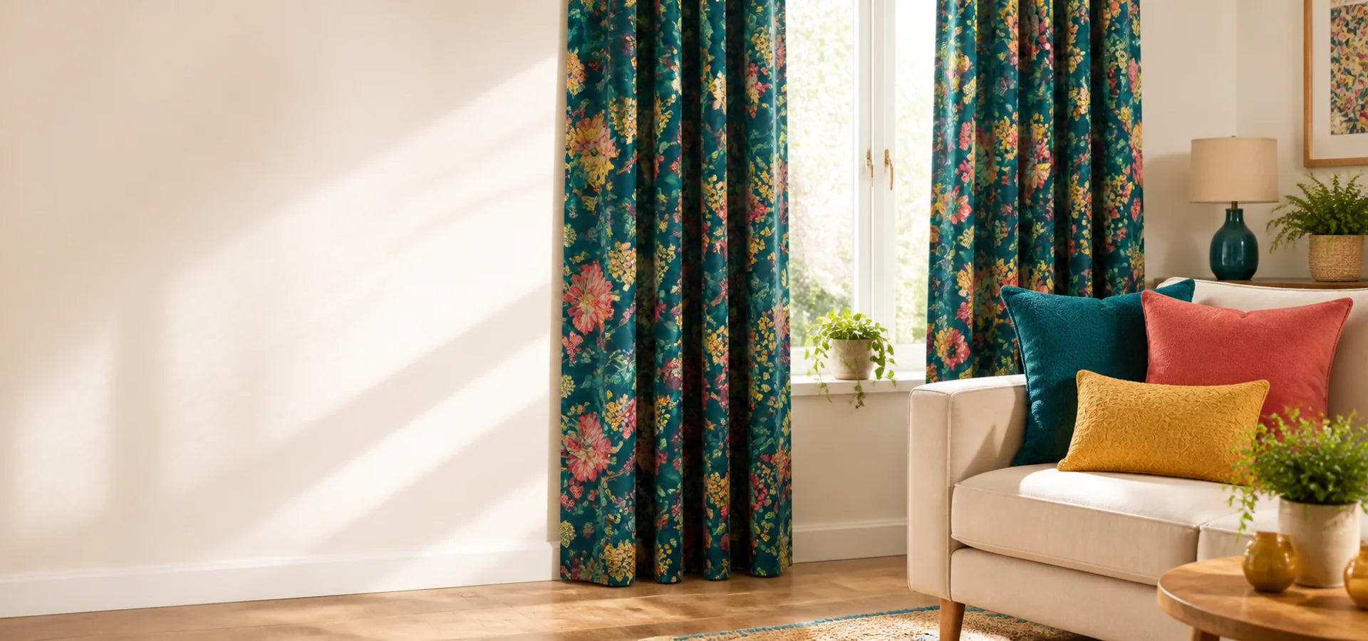 Deep teal botanical curtains framing a bright window with coral and ochre room accents