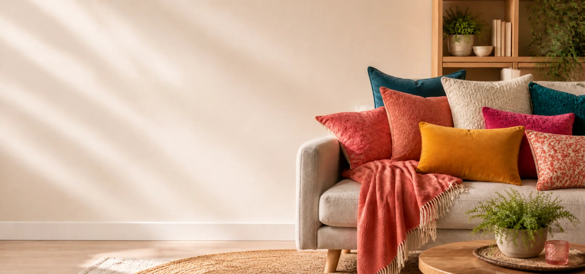 An oatmeal sofa layered with colourful teal, coral, raspberry, ochre and ivory cushions
