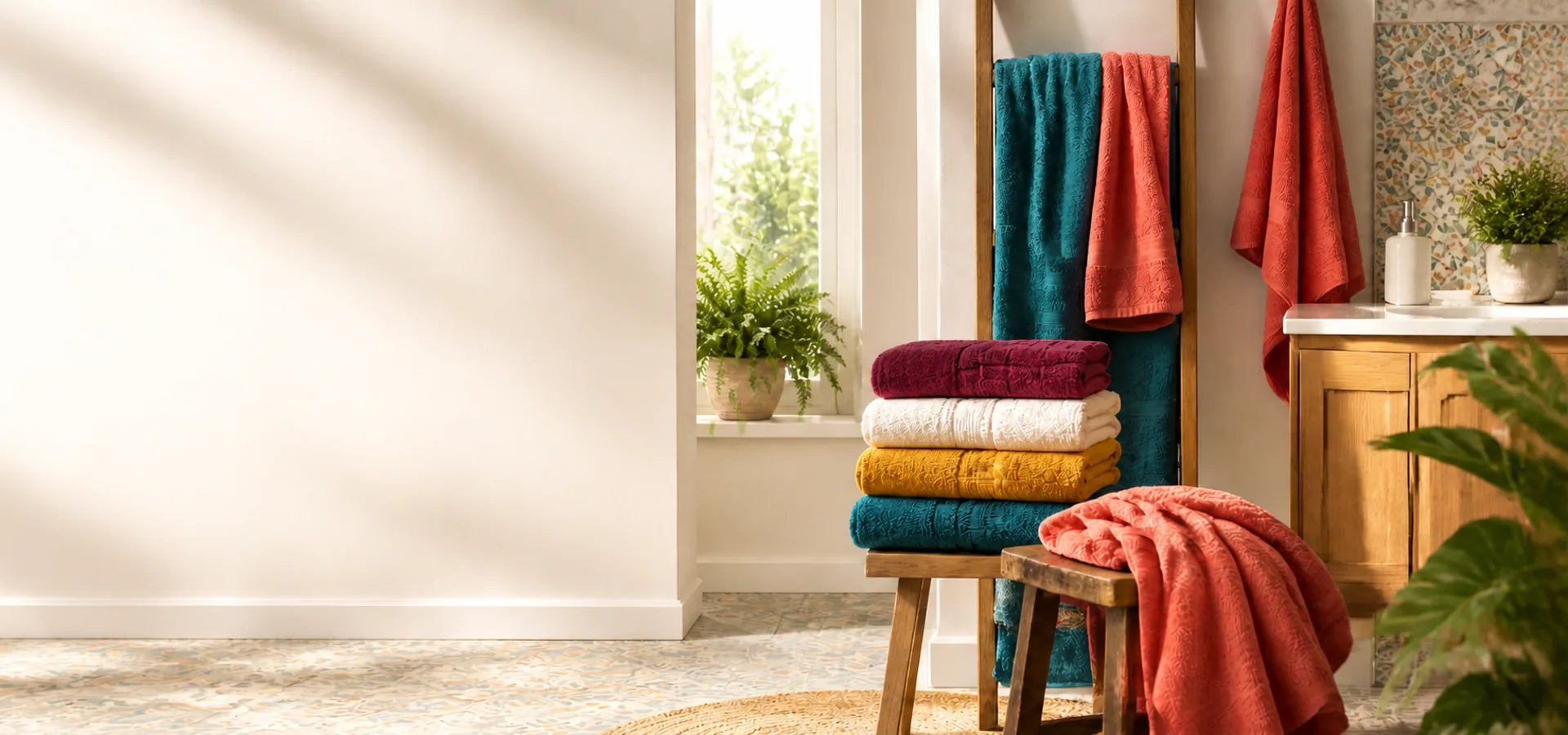 Colourful teal, coral, raspberry, ochre and ivory towels in a bright sunlit bathroom