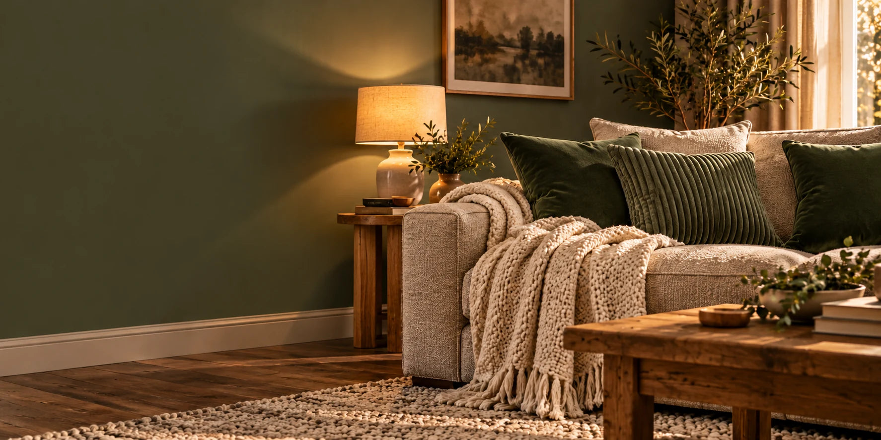 An oatmeal sofa with olive cushions and a chunky cream throw in a warmly lit green room