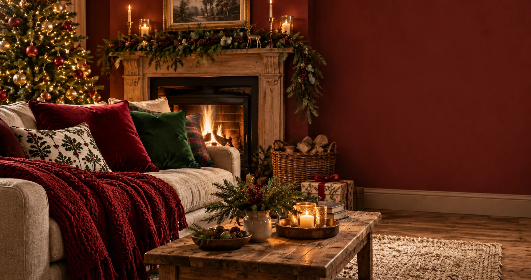 A cosy Christmas living room with red and green cushions, a red throw, a decorated tree and a glowing fireplace